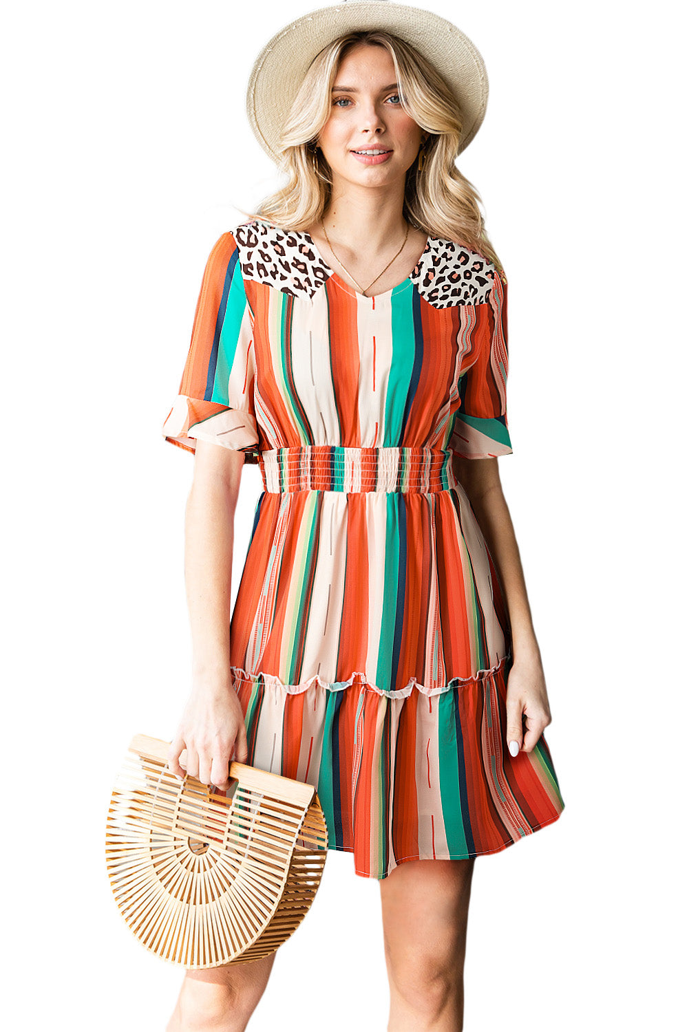 Multicolor Striped and Leopard Print Flounce Hem Short Dress