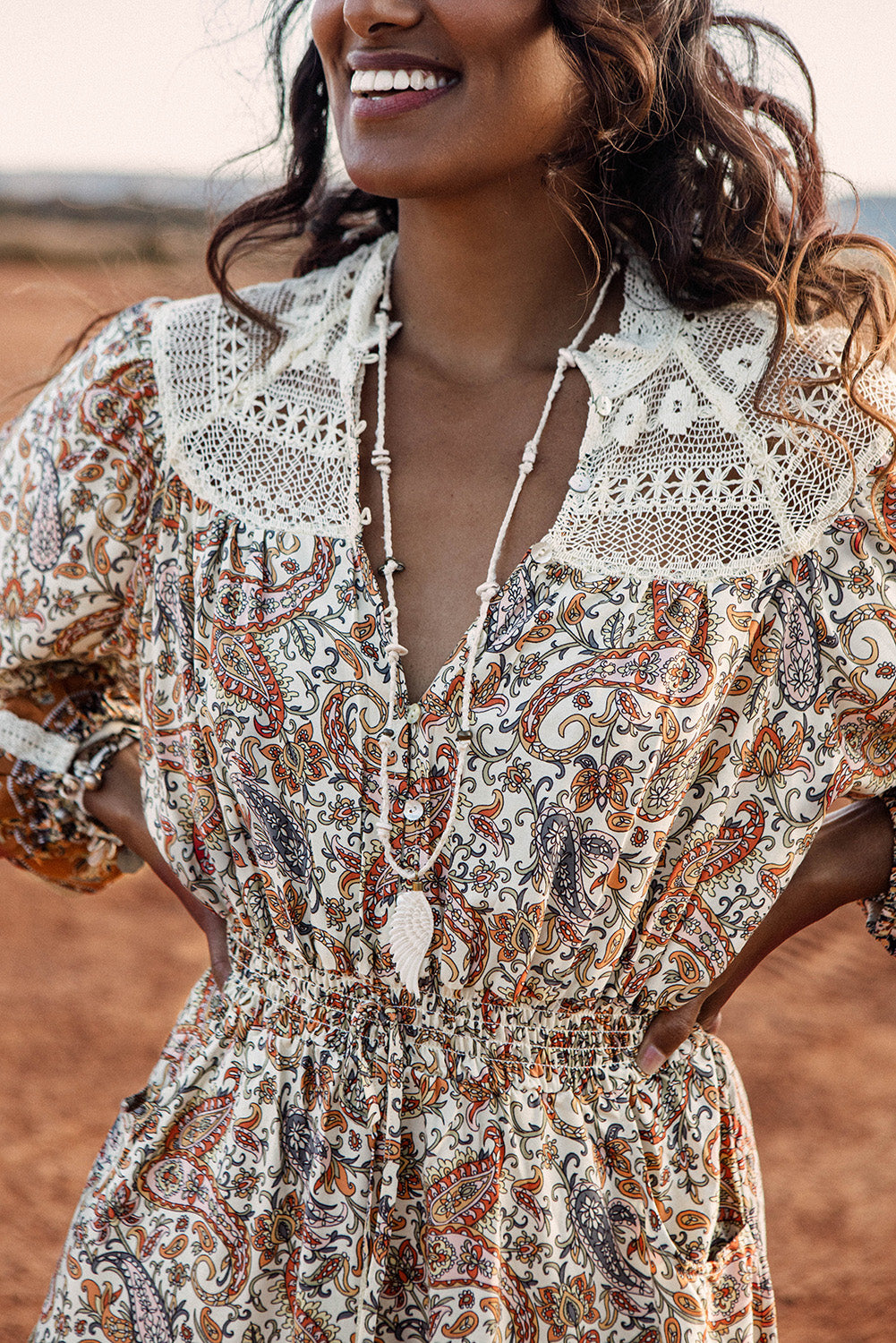 Multicolor Lace Splicing Split Neck Paisley Ruffle Mini Dress