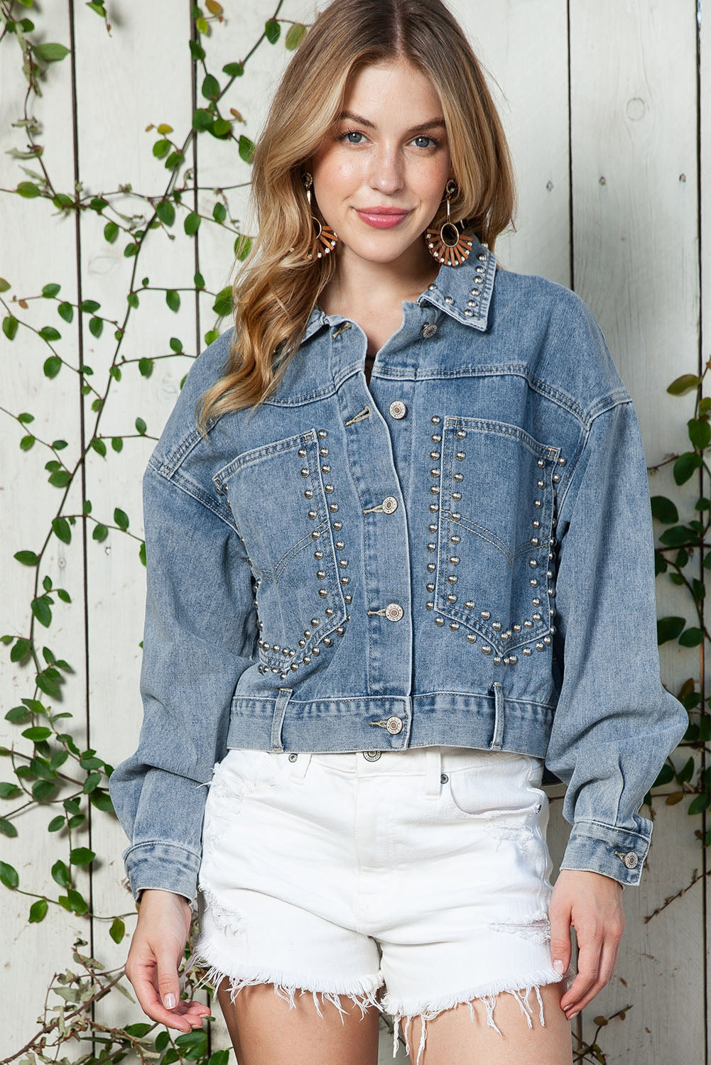 Blue Studded Button Up Light Wash Cropped Denim Jacket