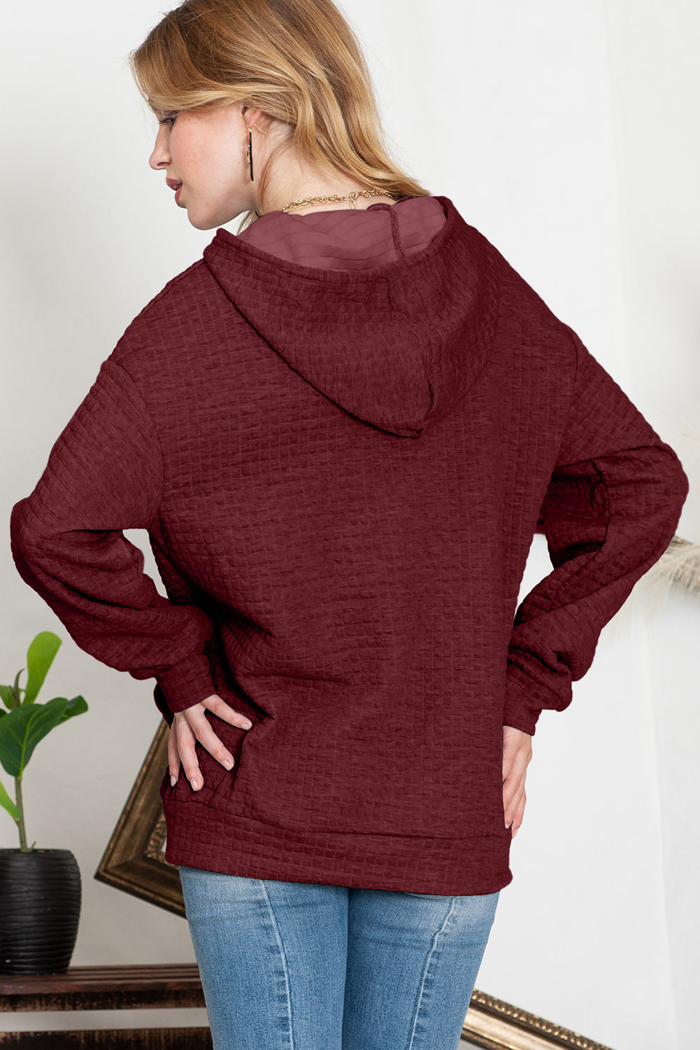 Khaki Lattice Textured Kangaroo Pocket Drawstring Hoodie