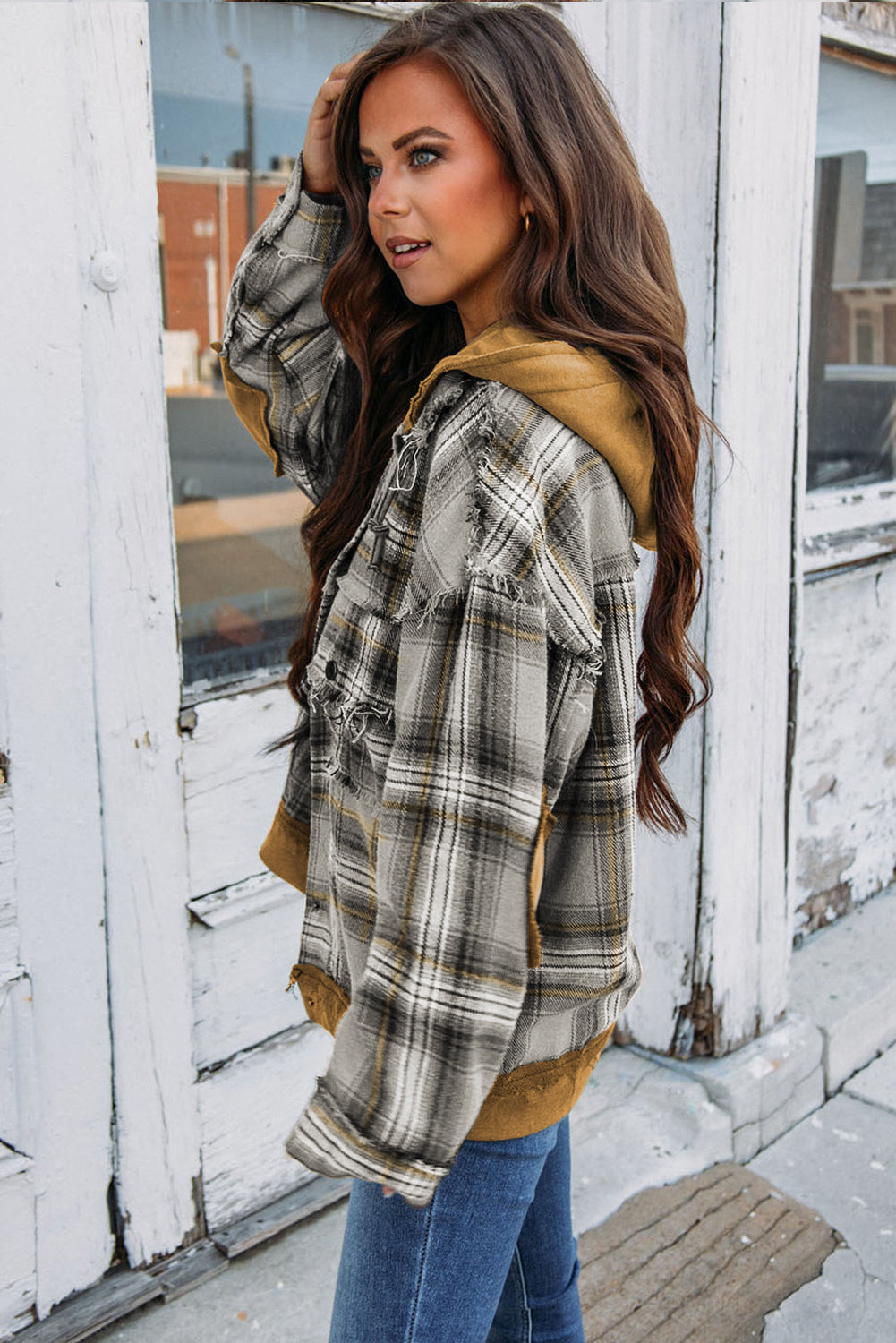 Orange Plaid Patchwork Frayed Trim Snap Button Hooded Jacket
