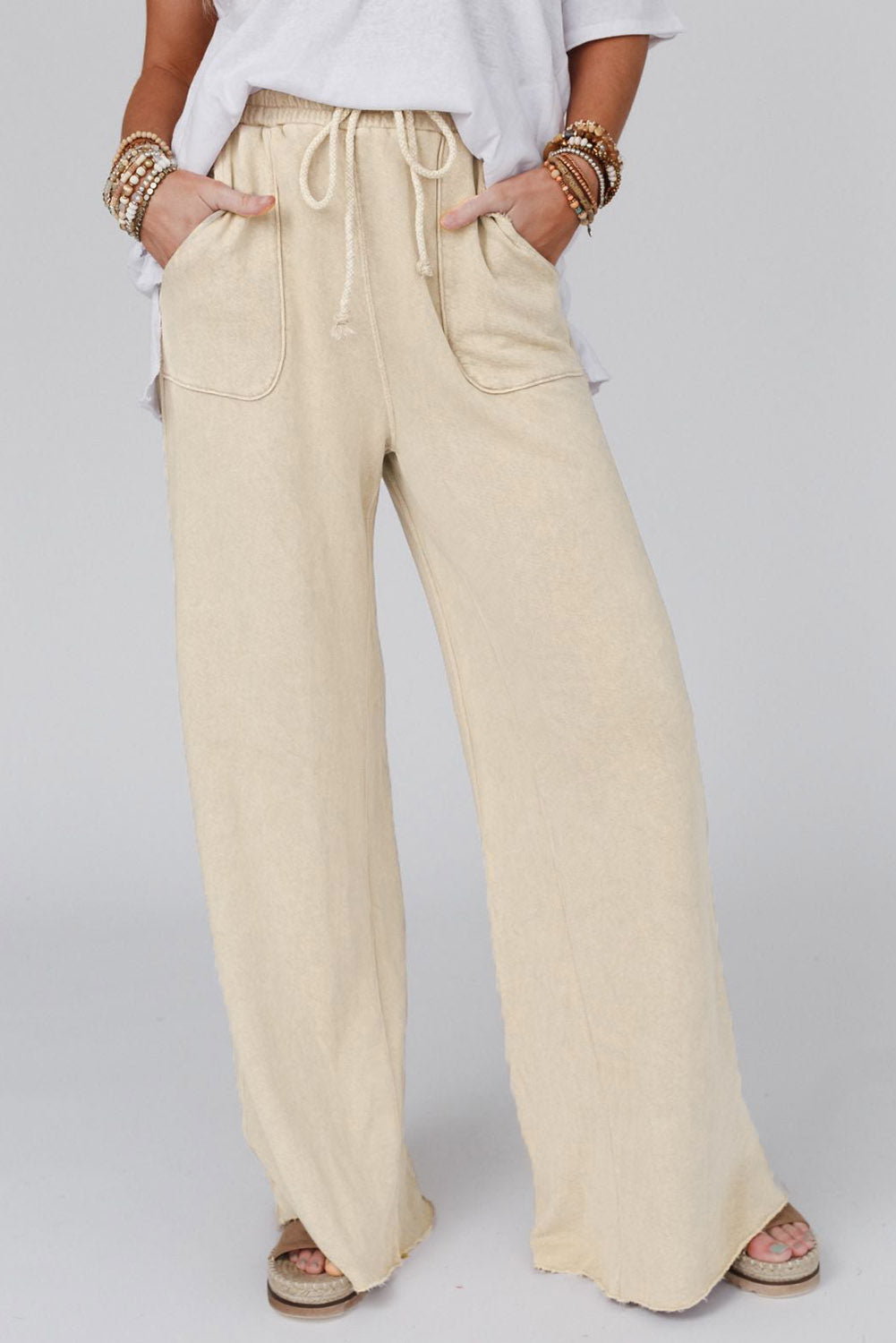 Apricot Mineral Washed Drawstring High Waisted Wide Leg Pants