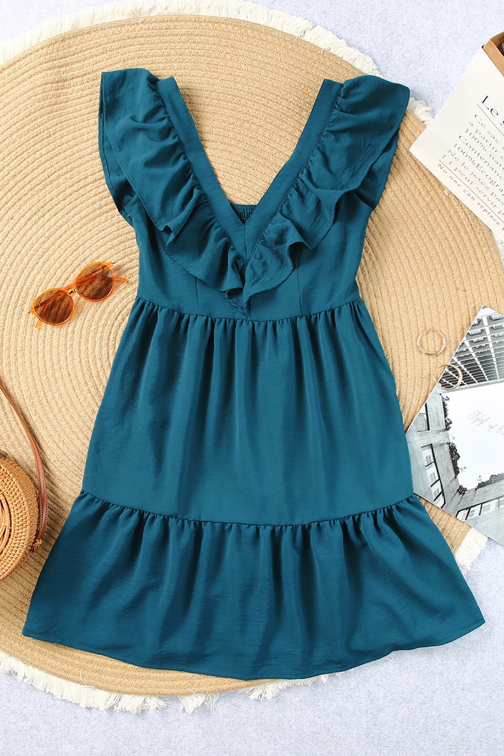 Blue Ruffle Trim V Neck Casual Smocked Back Mini Dress