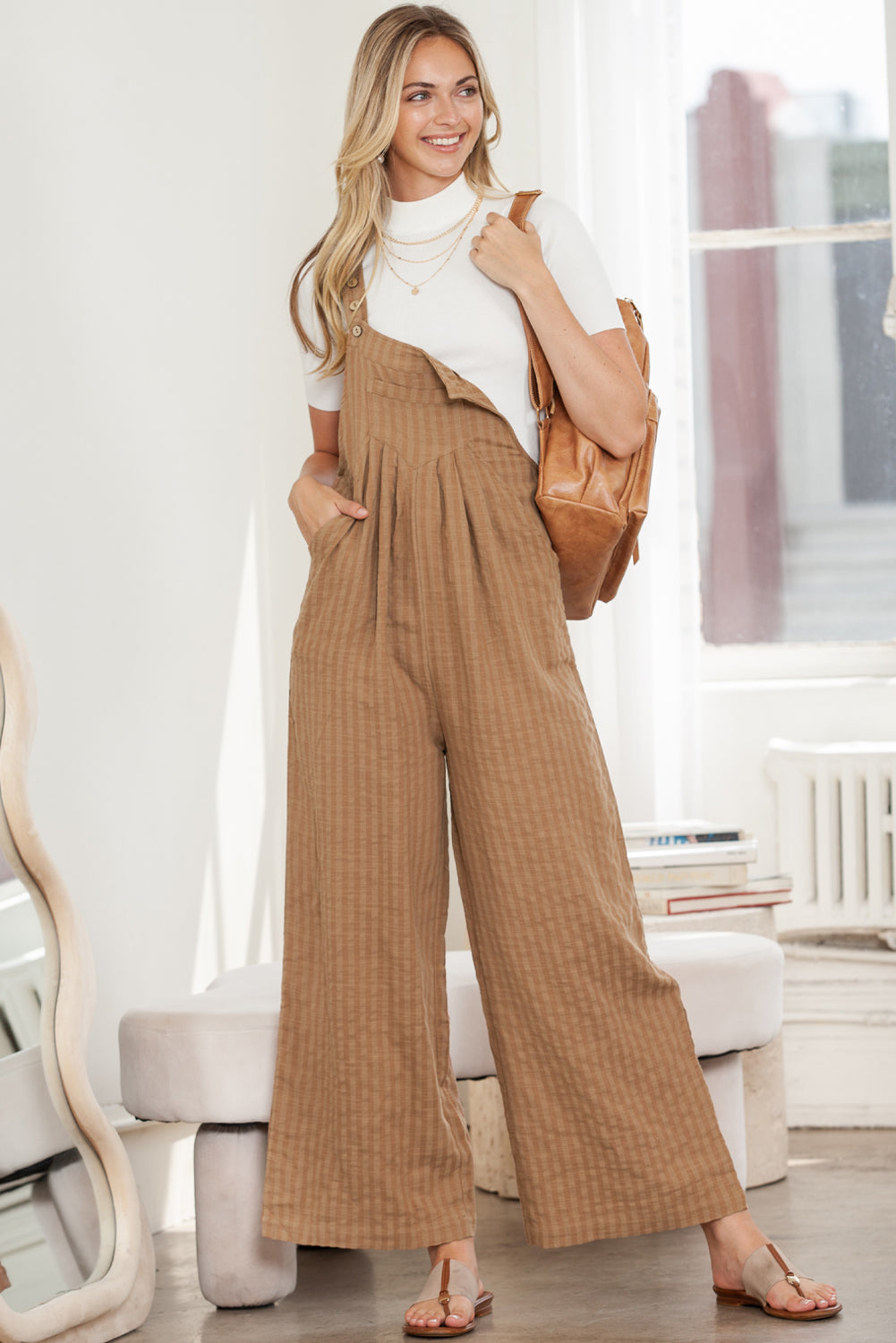 Brown Striped Pleated Pockets Wide Leg Jumpsuit