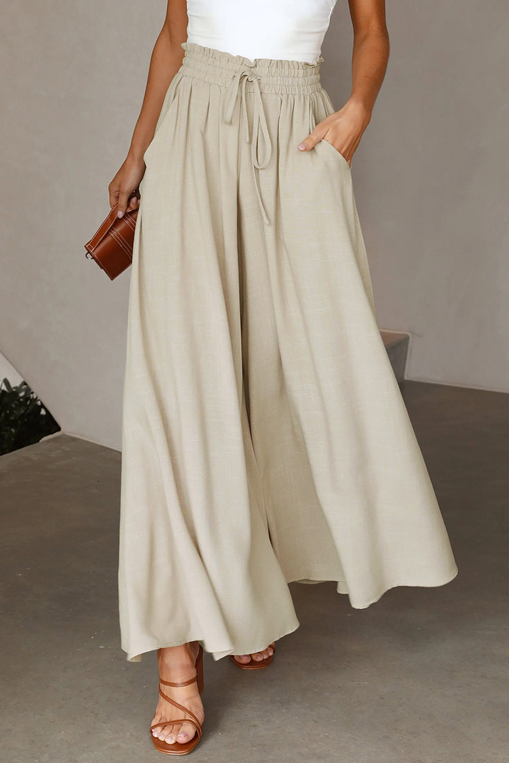 Beige Drawstring Smocked High Waist Wide Leg Pants