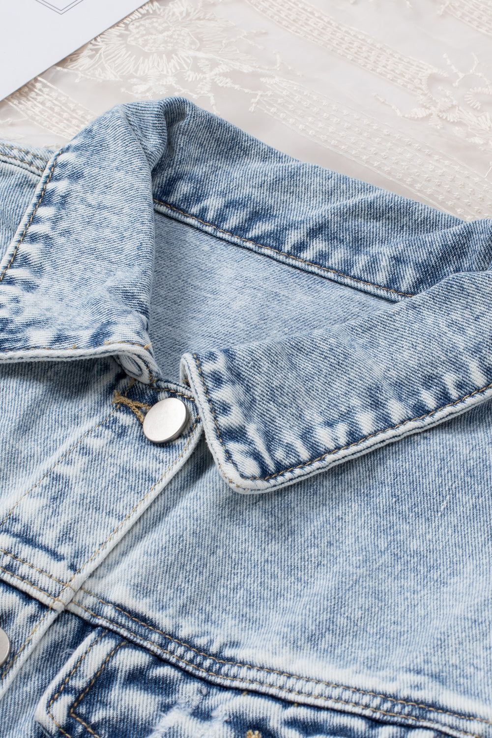 Black Casual Distressed Raw Hem Buttons Denim Jacket