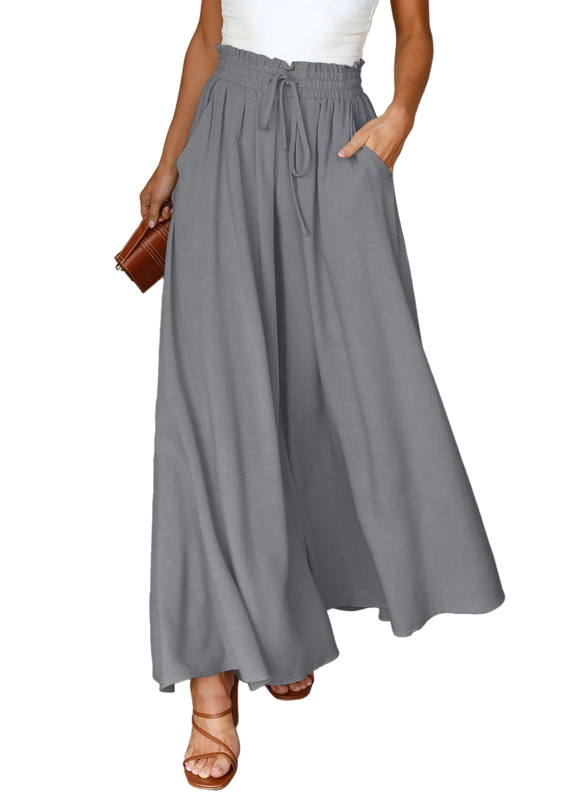 Beige Drawstring Smocked High Waist Wide Leg Pants
