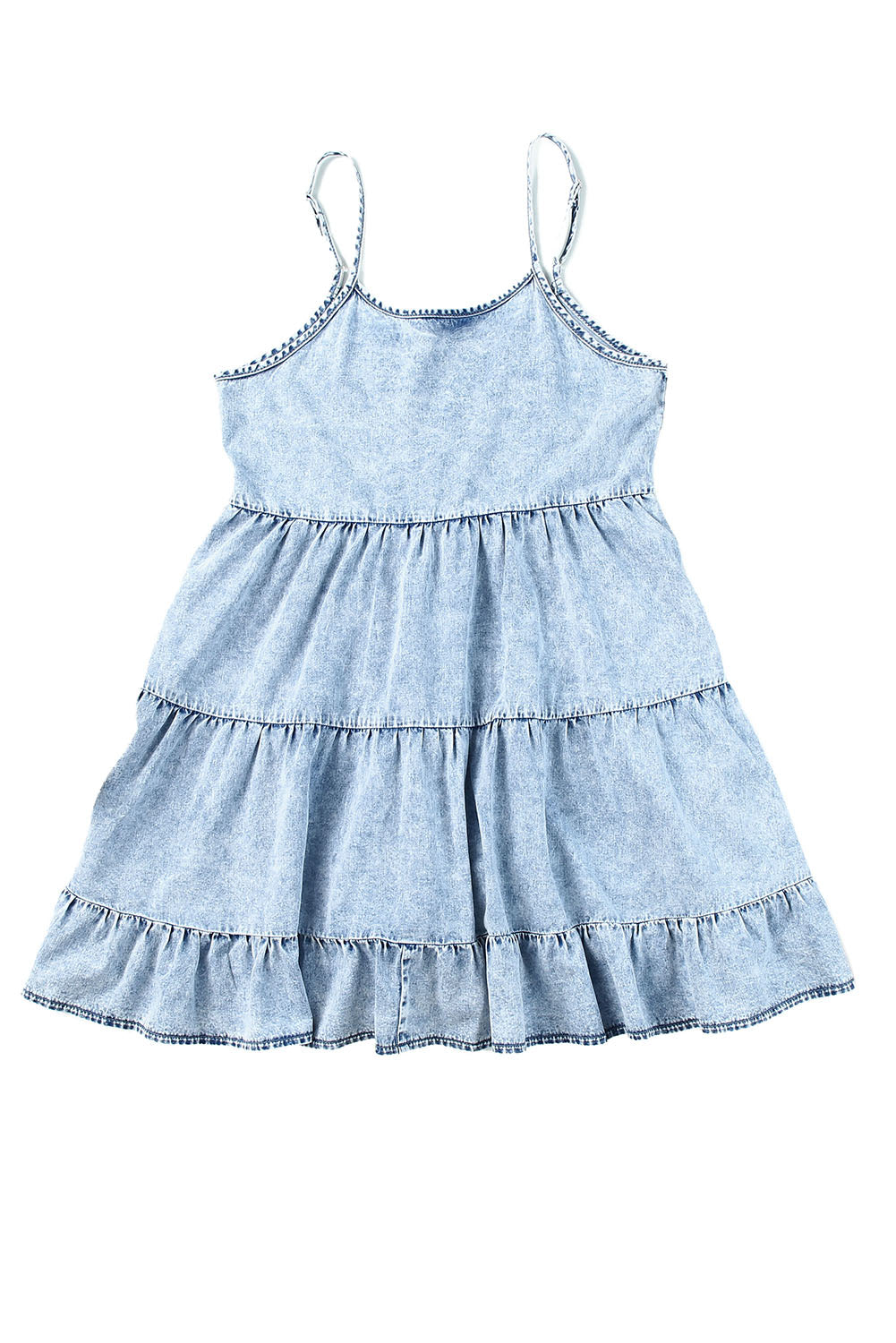 Light Blue Adjustable Straps Casual Tiered Ruffle Denim Dress
