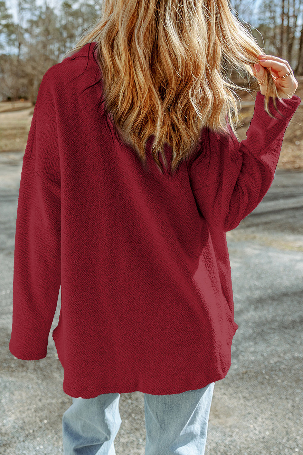 Black Plain Textured Button Up Shirt Shacket with Flap Pockets
