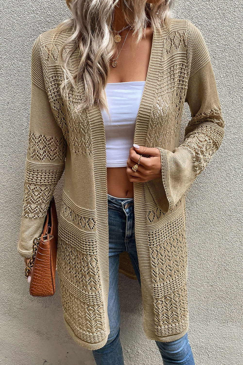 Black Pointelle Knit Open Front Long Cardigan