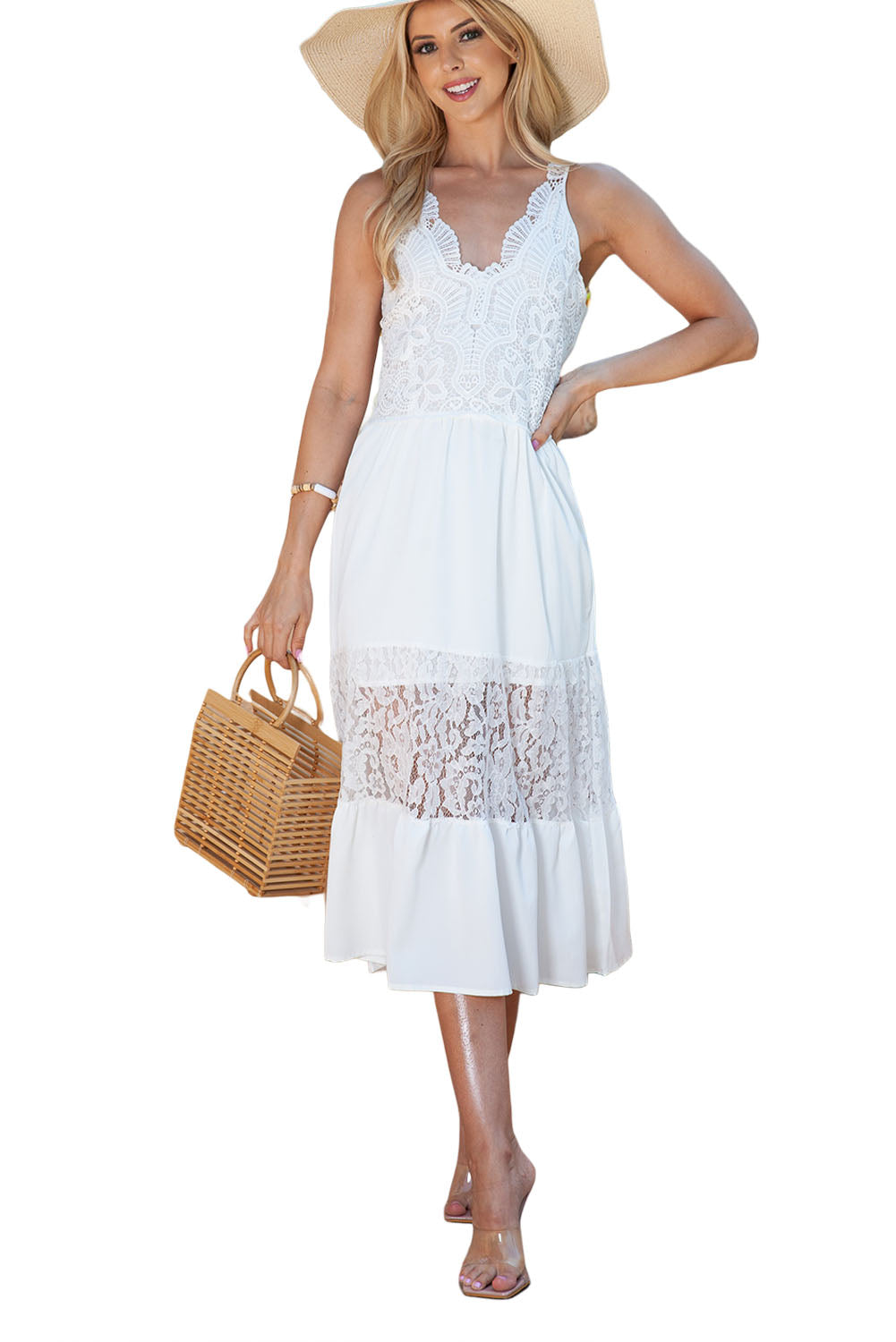 White Elegant Lace Deep V Wedding Guest Sleeveless Maxi Dress