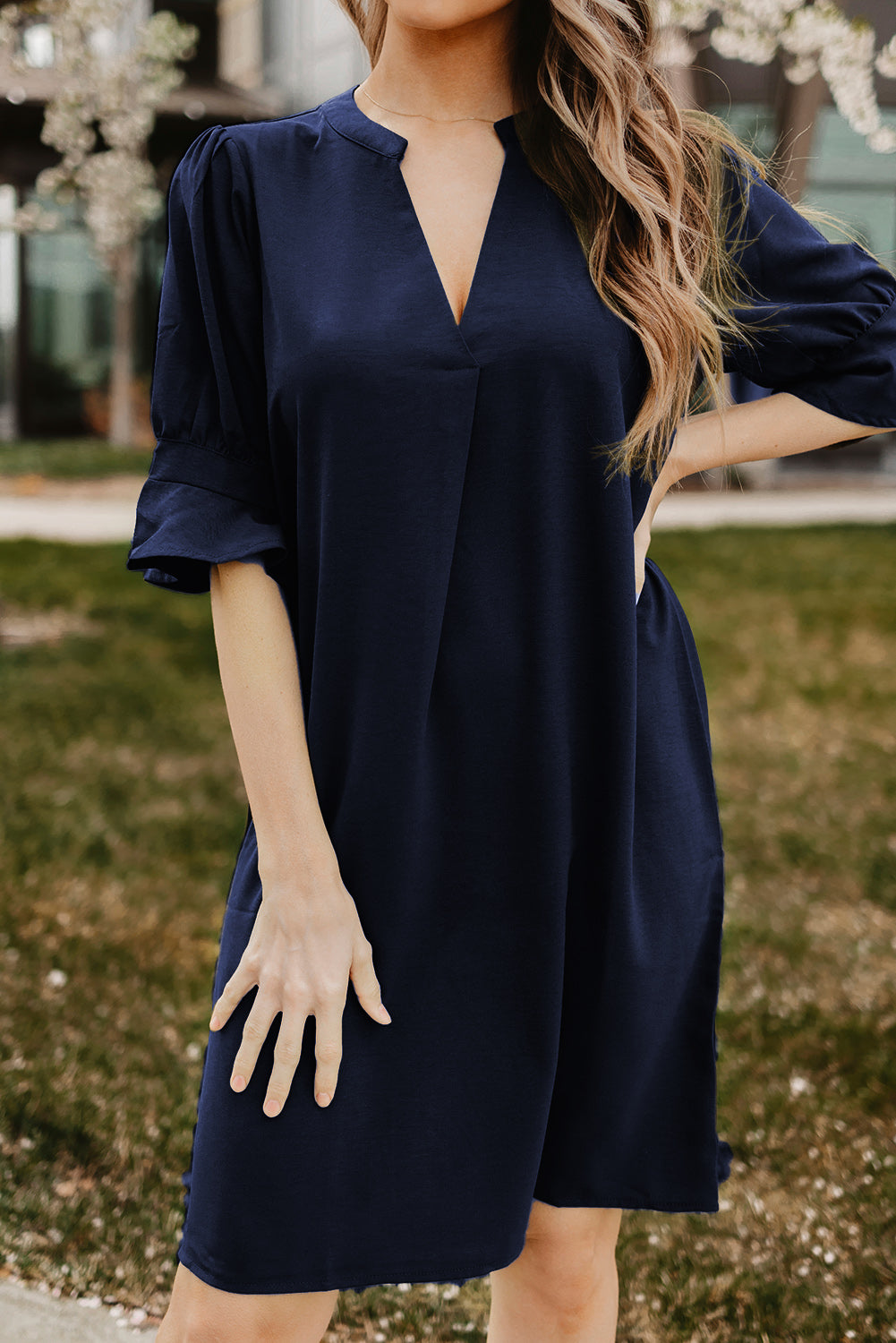 Navy Blue Split V Neck Short Sleeve Tunic Dress