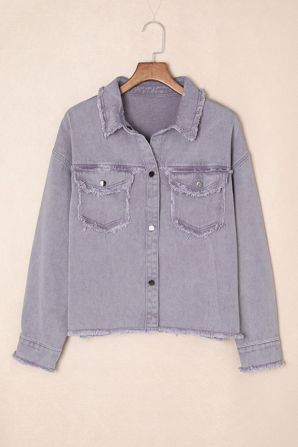 Green Distressed Flap Pockets Frayed Hem Denim Jacket