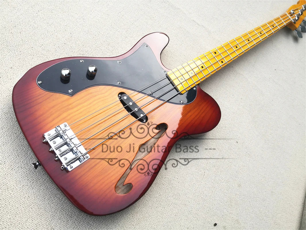 Left hand 4 Strings ASH Wood Semi Hollow Bass Guitar - Sunburst with Yellow Neck