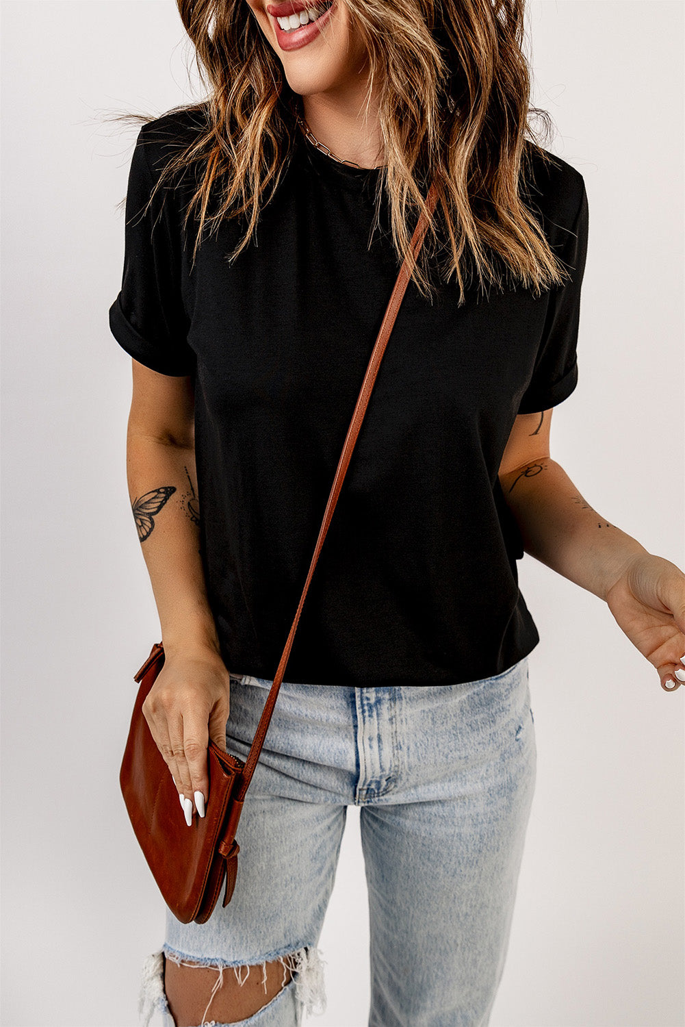Green Plain Solid Color Crew Neck Tee
