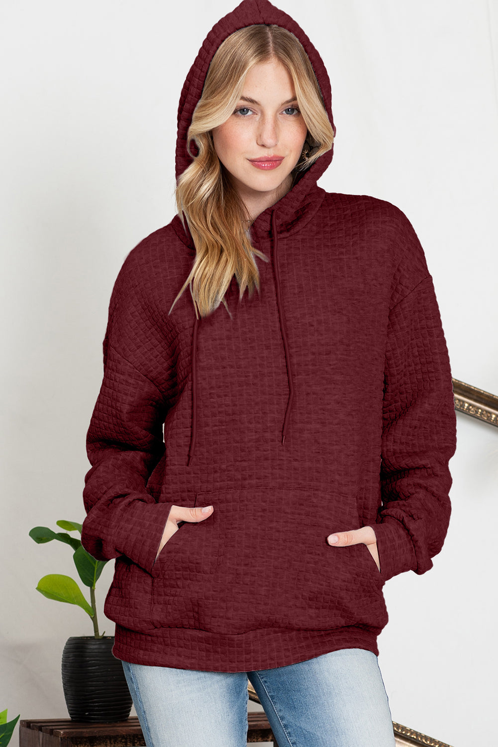 Khaki Lattice Textured Kangaroo Pocket Drawstring Hoodie