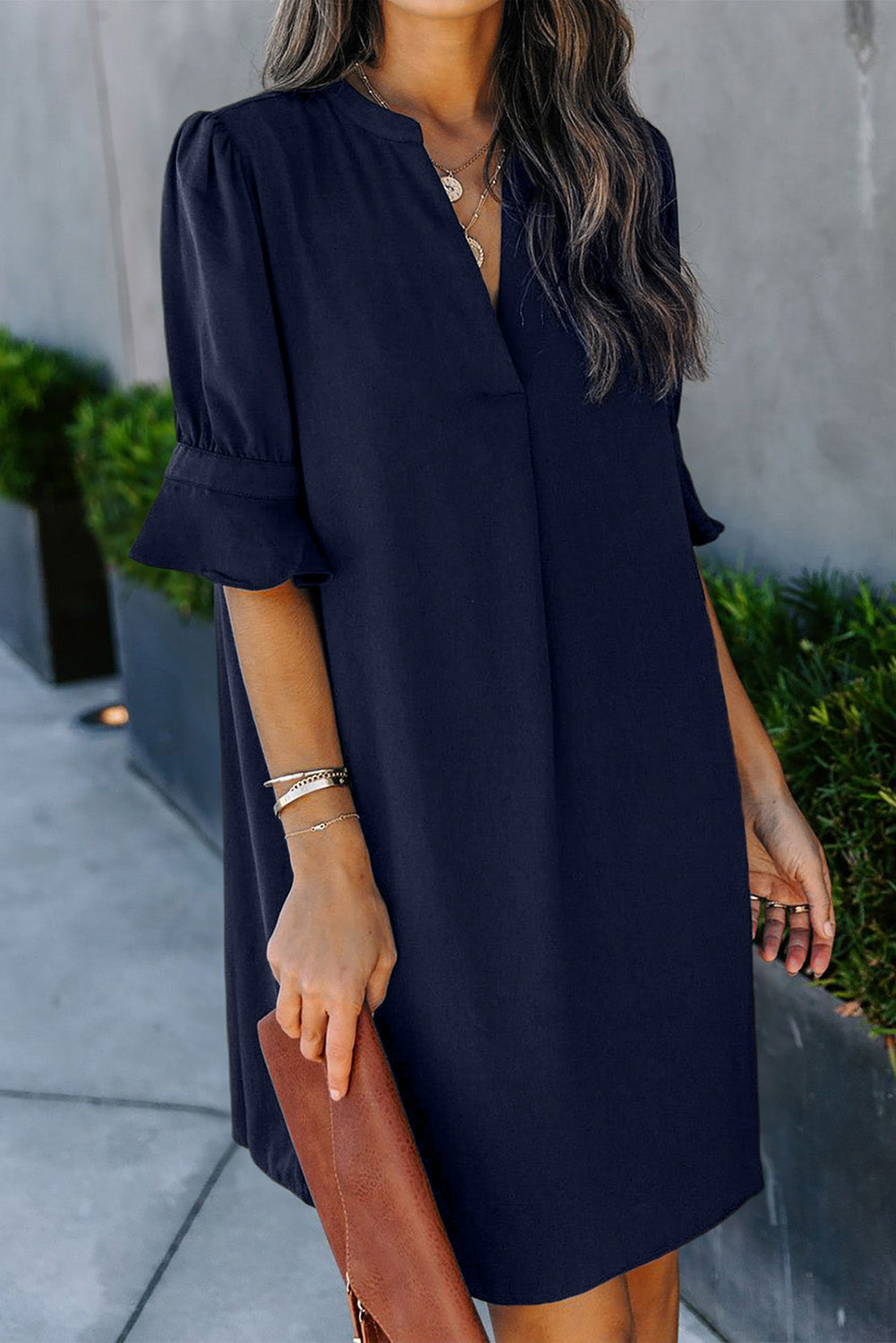 Navy Blue Split V Neck Short Sleeve Tunic Dress