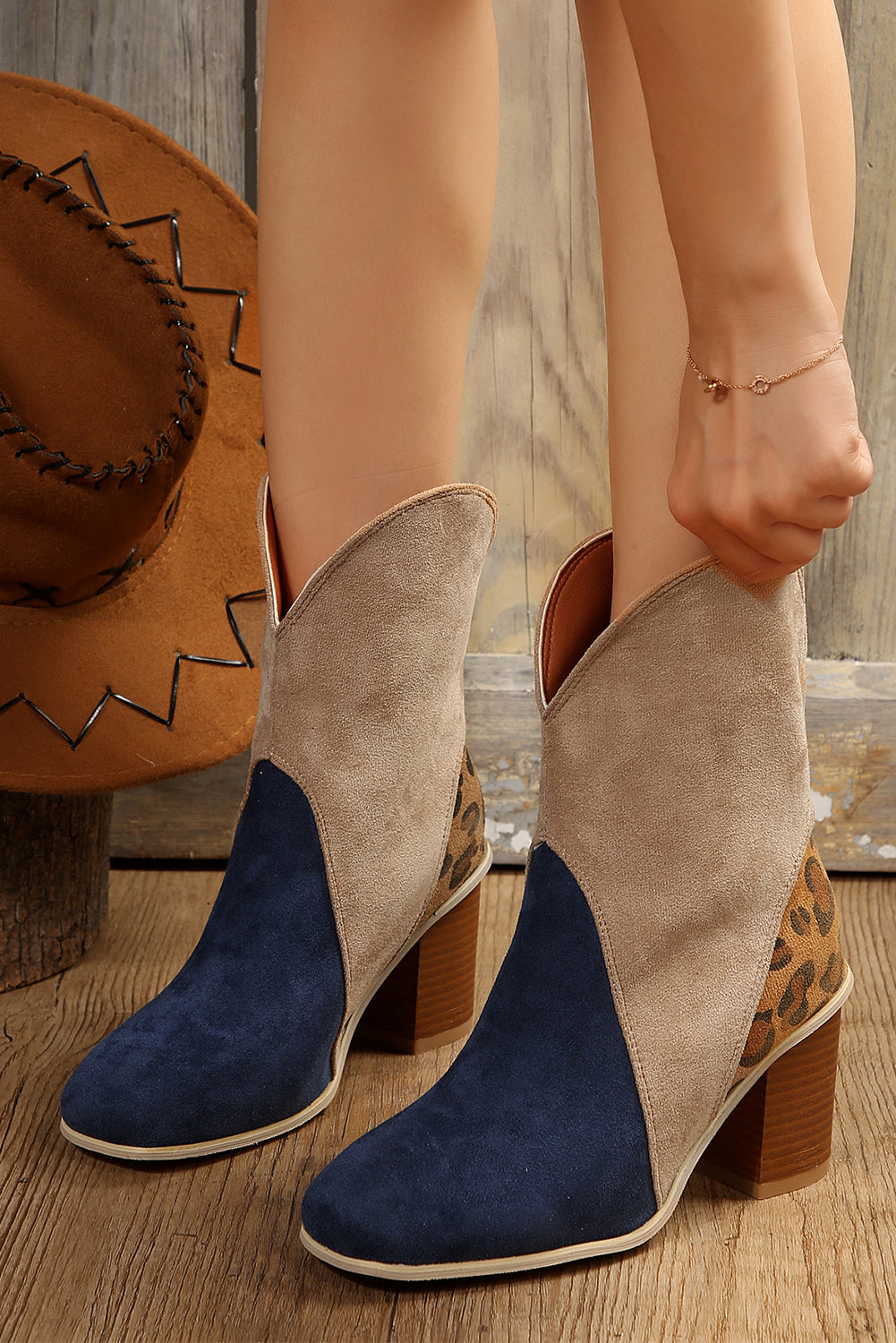 Leopard Print Patchwork Chunky Block Heel Boots