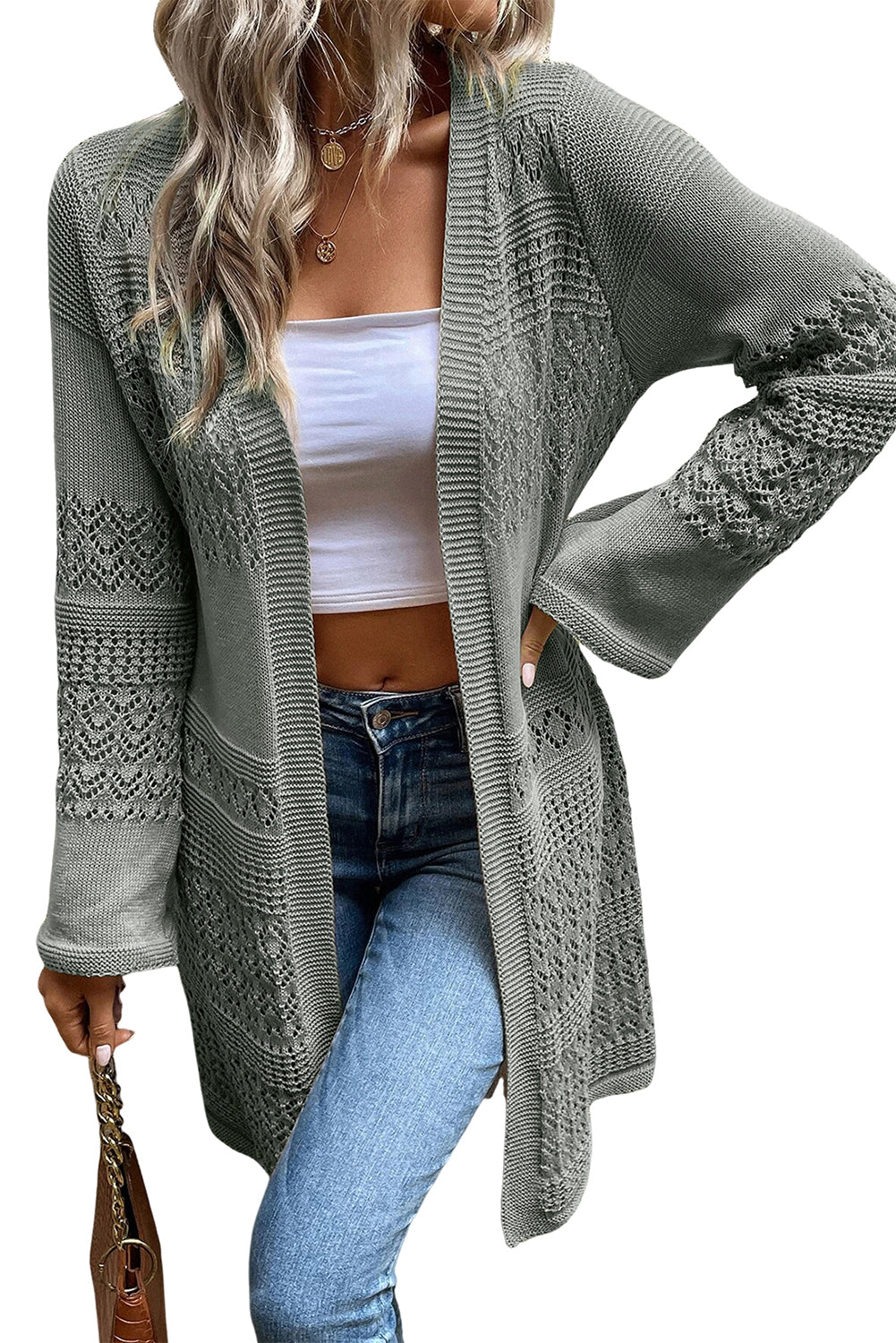 Black Pointelle Knit Open Front Long Cardigan