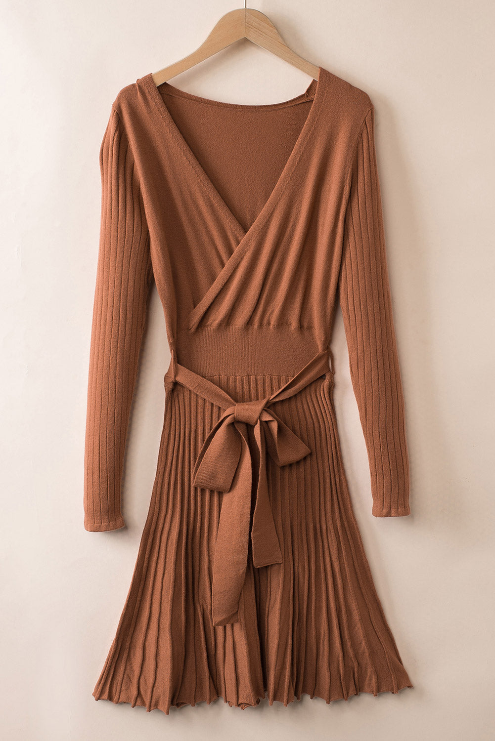 Brown Belted Wrap V Neck Ribbed Pleated Sweater Dress