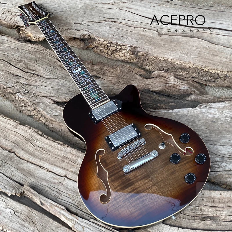 12 String Electric Guitar Semi Hollow Body (F-Holes & Abalone Flower Inlays ) - Cobra Flamed Maple