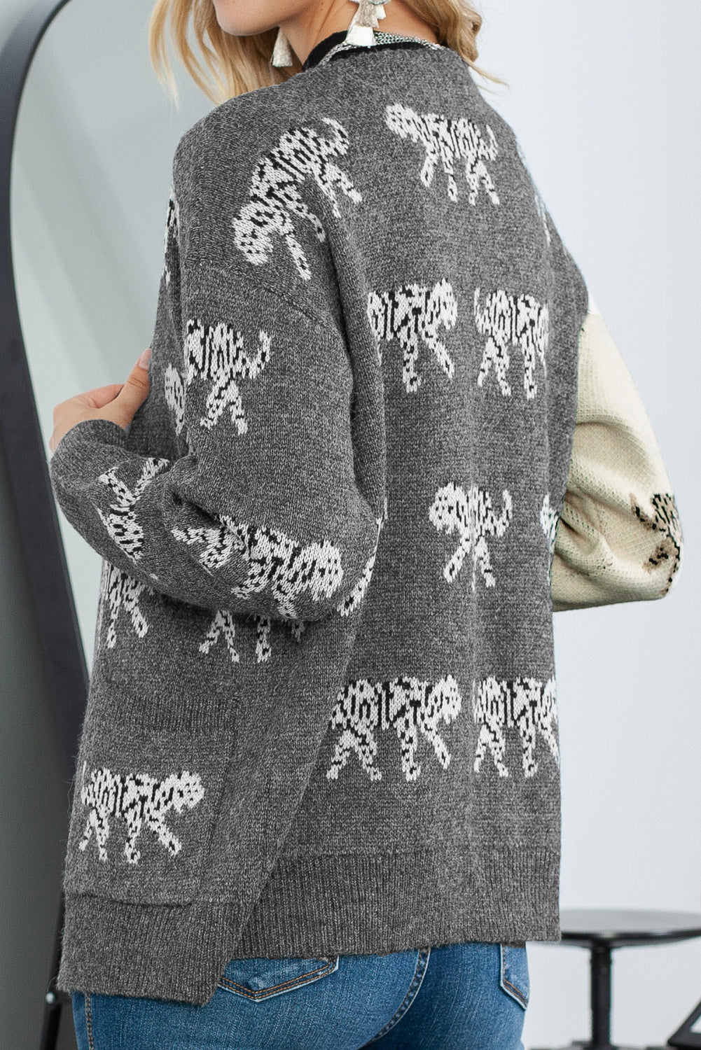 Animal Print Color Block Open Front Knitted Cardigan with Pockets