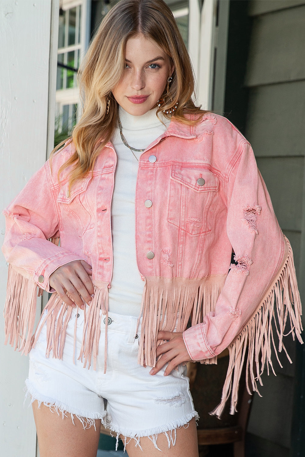 Pink Distressed Ripped Fringe Hem Cropped Denim Jacket