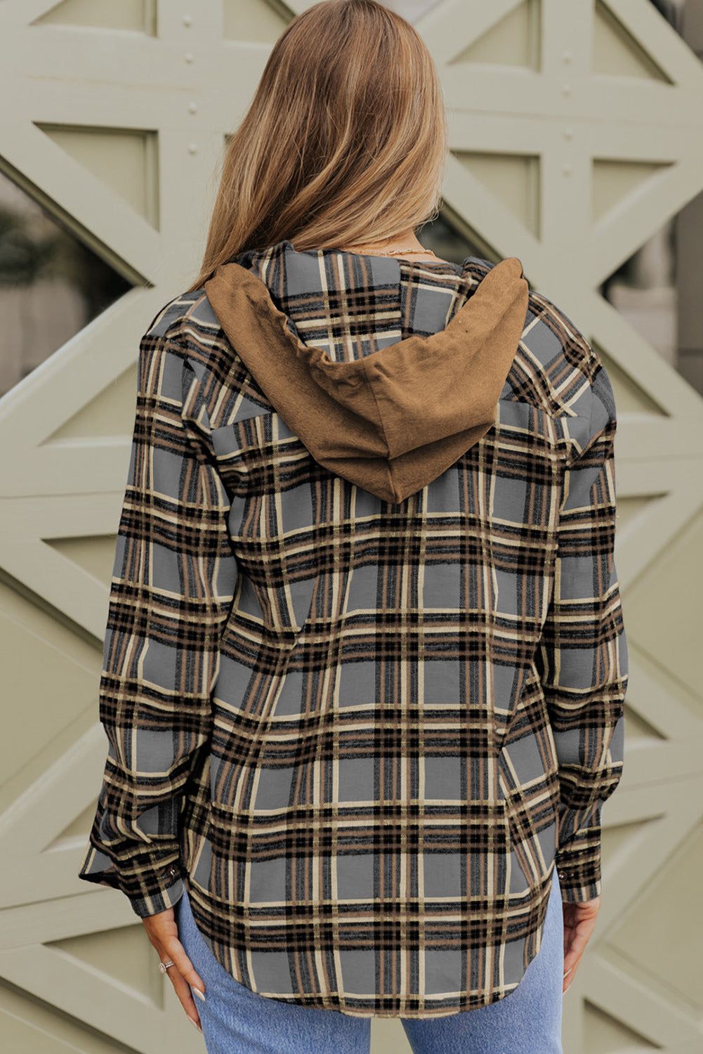 Pink Plaid Contrast Hooded Drawstring Shacket