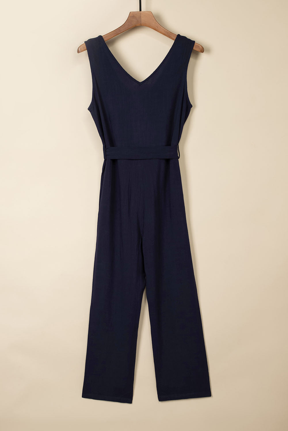 Blue V Neck Button Belted Jumpsuit With Pockets