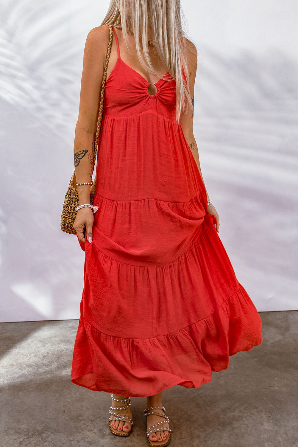 Red O-ring Smocked Back Spaghetti Straps Tiered Boho Dress