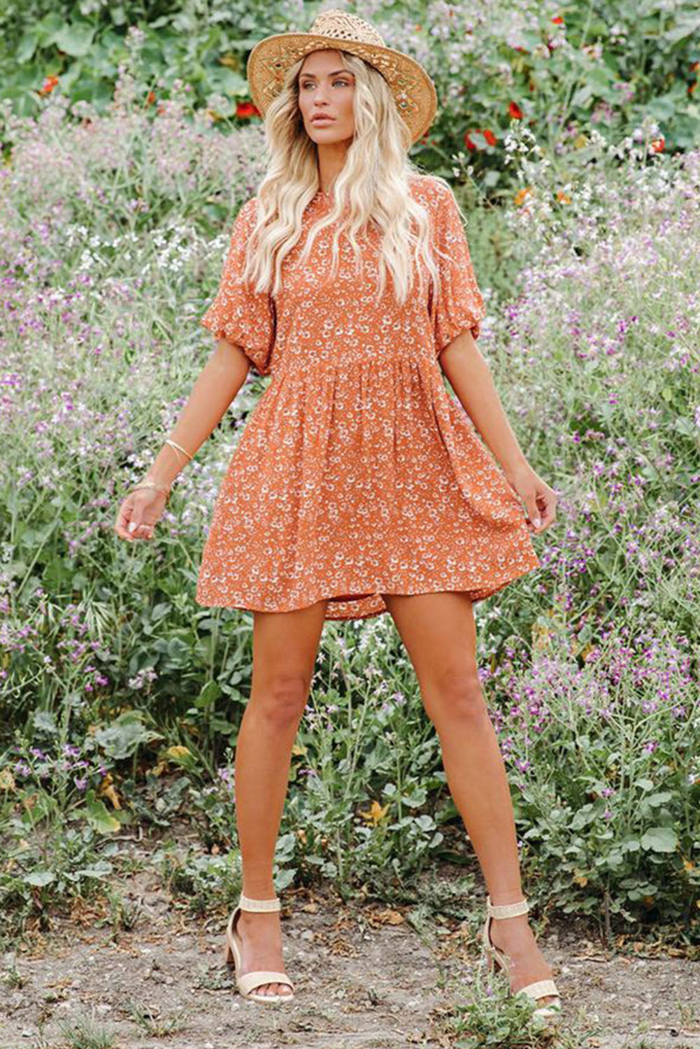 Orange Floral Boho Bishop Sleeve Short Dress