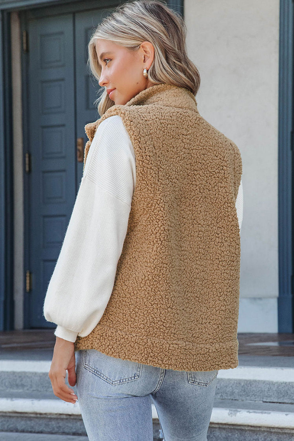 Green Snap Button Collared Stand Neck Sherpa Vest