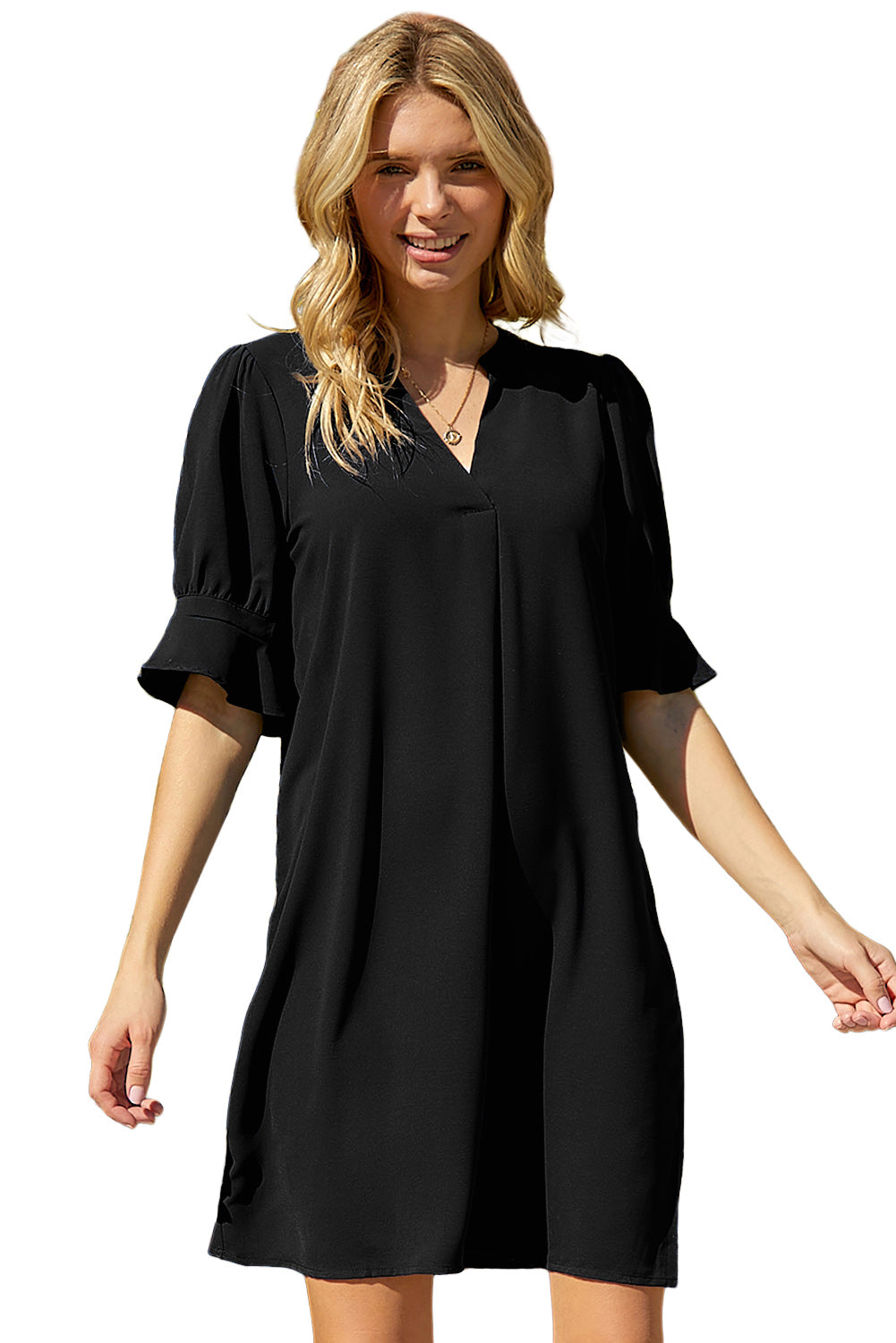 Navy Blue Split V Neck Short Sleeve Tunic Dress
