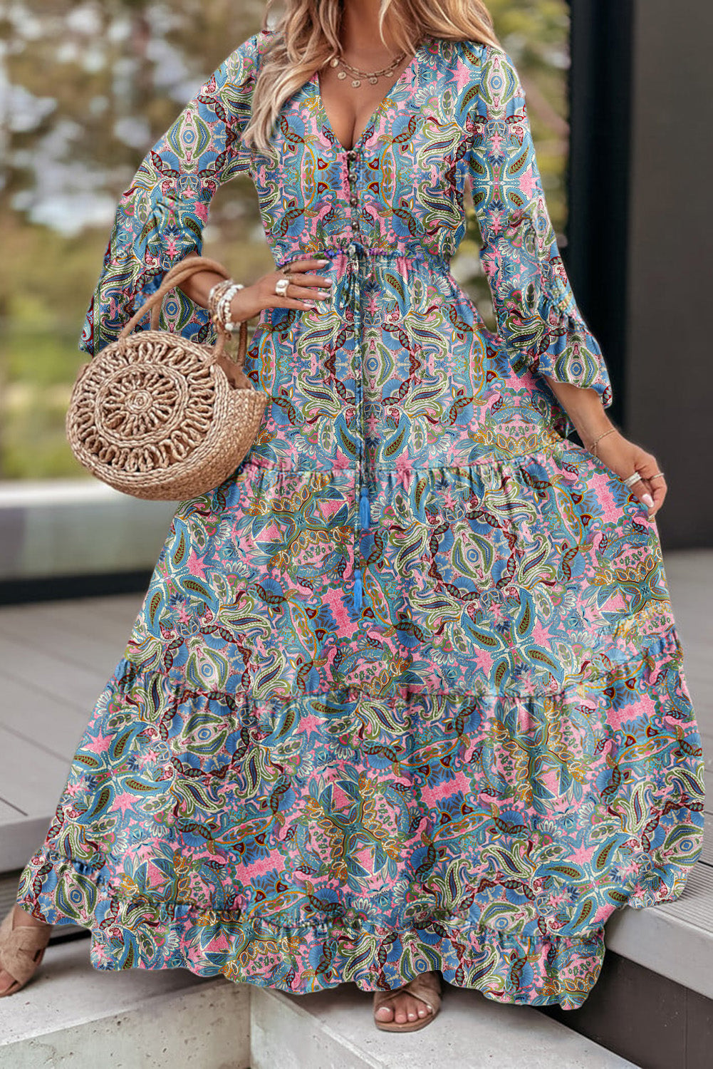 Green Paisley Print Boho Ruffle Trim Tied Maxi Dress