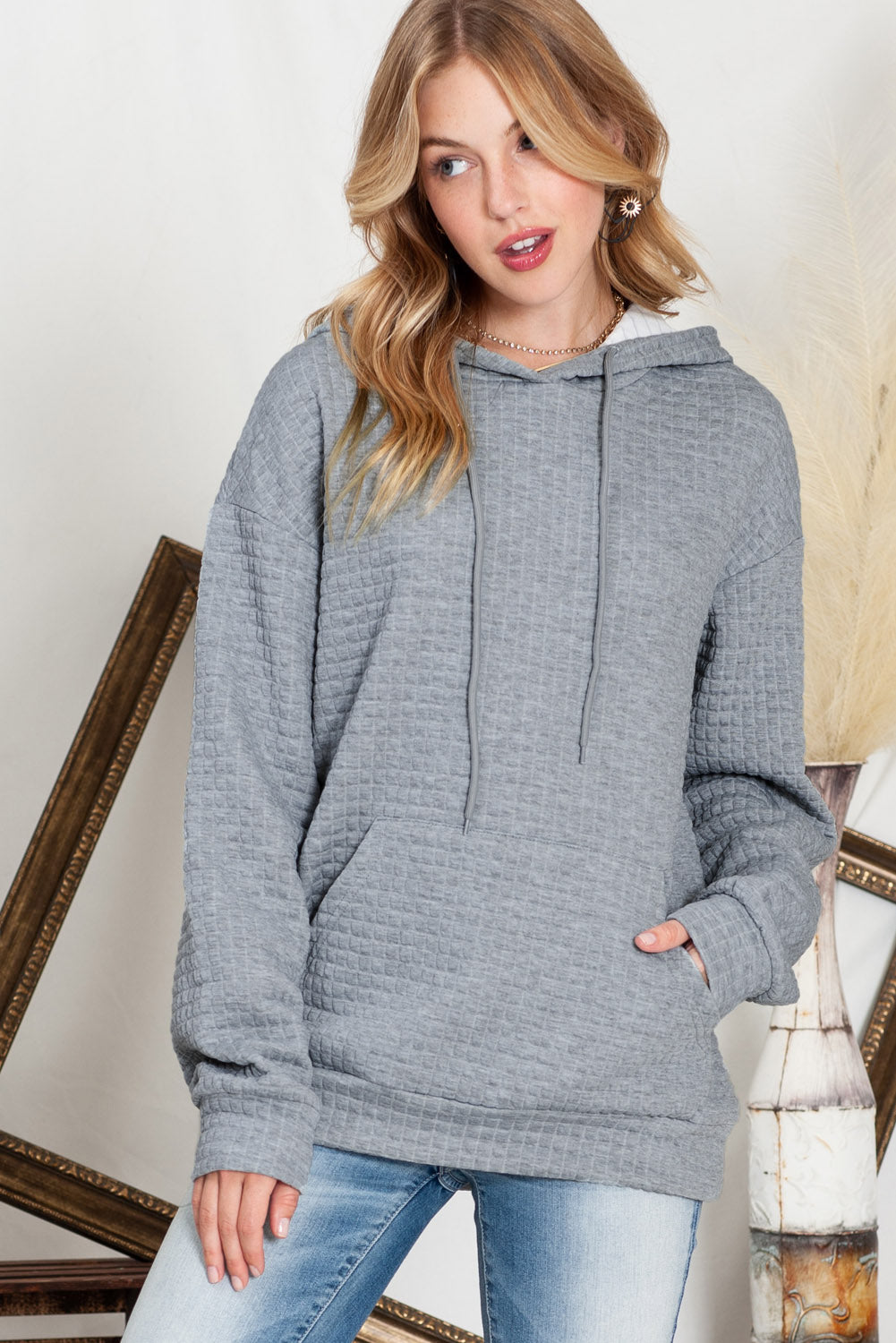 Khaki Lattice Textured Kangaroo Pocket Drawstring Hoodie