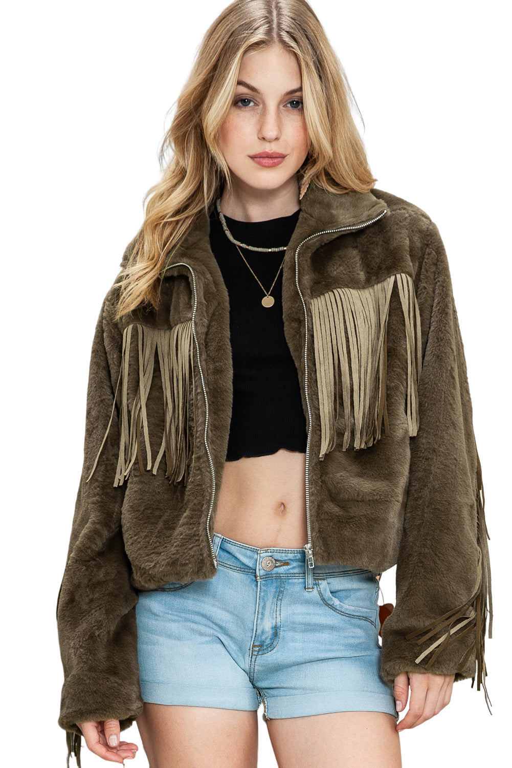 Pink Fringed Full Zipper Fleece Jacket