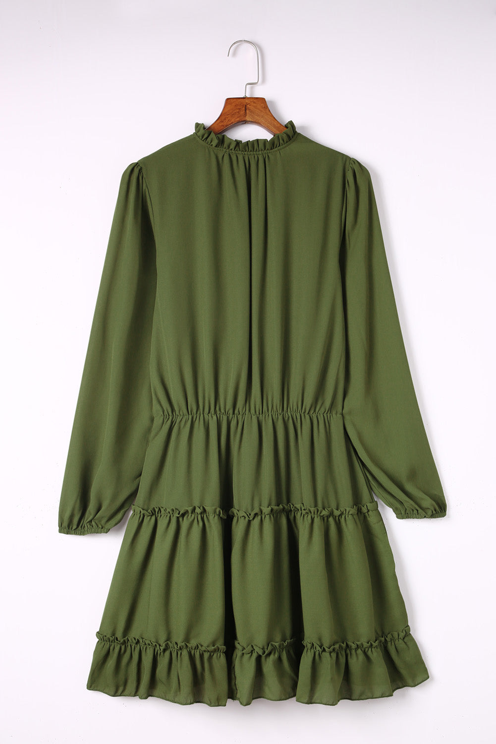 Olive Green Casual Lantern Sleeve V Neck Short Tiered Dress
