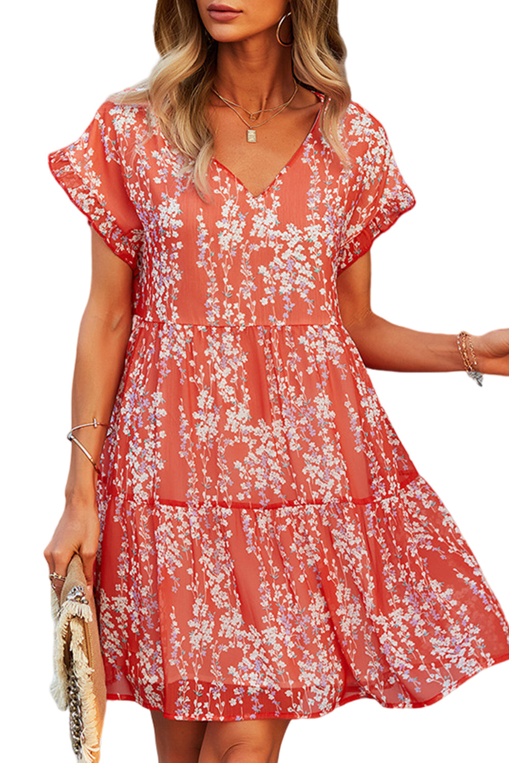 Red Floral Print V Neck Ruffle Short Dress