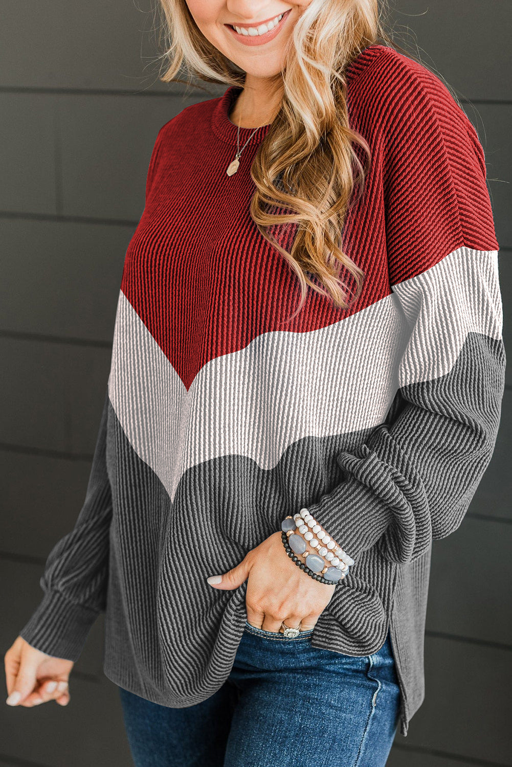 Navy Blue Color Block Corded Tunic Long Sleeve Top