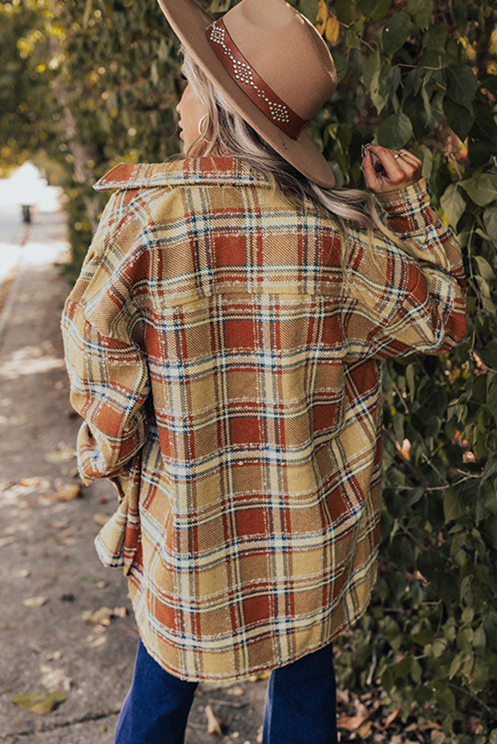 Dark Blue Oversized Flap Pockets Plaid Shacket with Slits