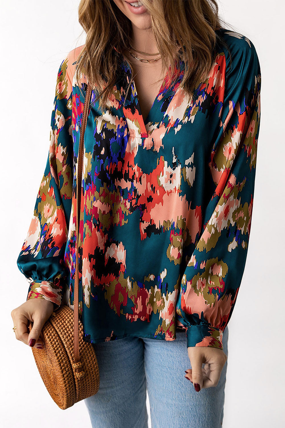 Green Graffiti Colorblock Casual V Neck Puff Sleeve Blouse