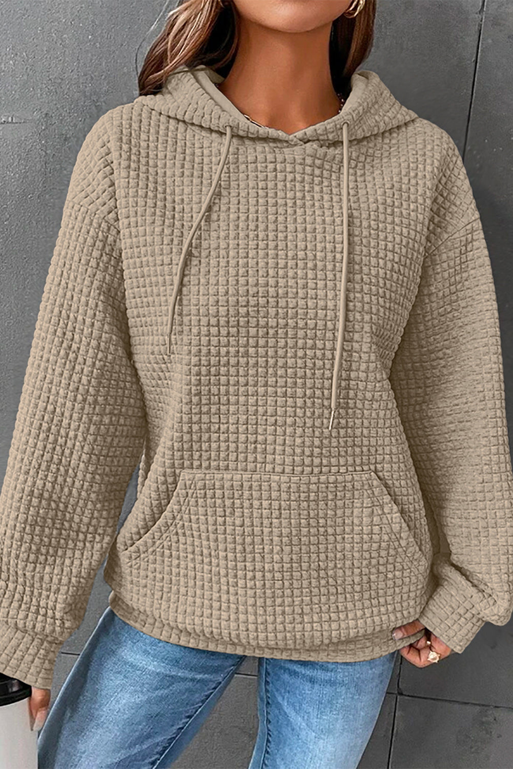 Khaki Lattice Textured Kangaroo Pocket Drawstring Hoodie