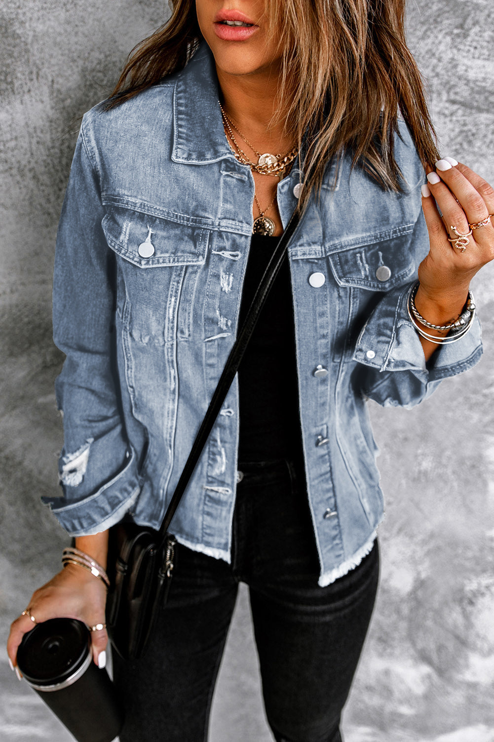 Black Casual Distressed Raw Hem Buttons Denim Jacket