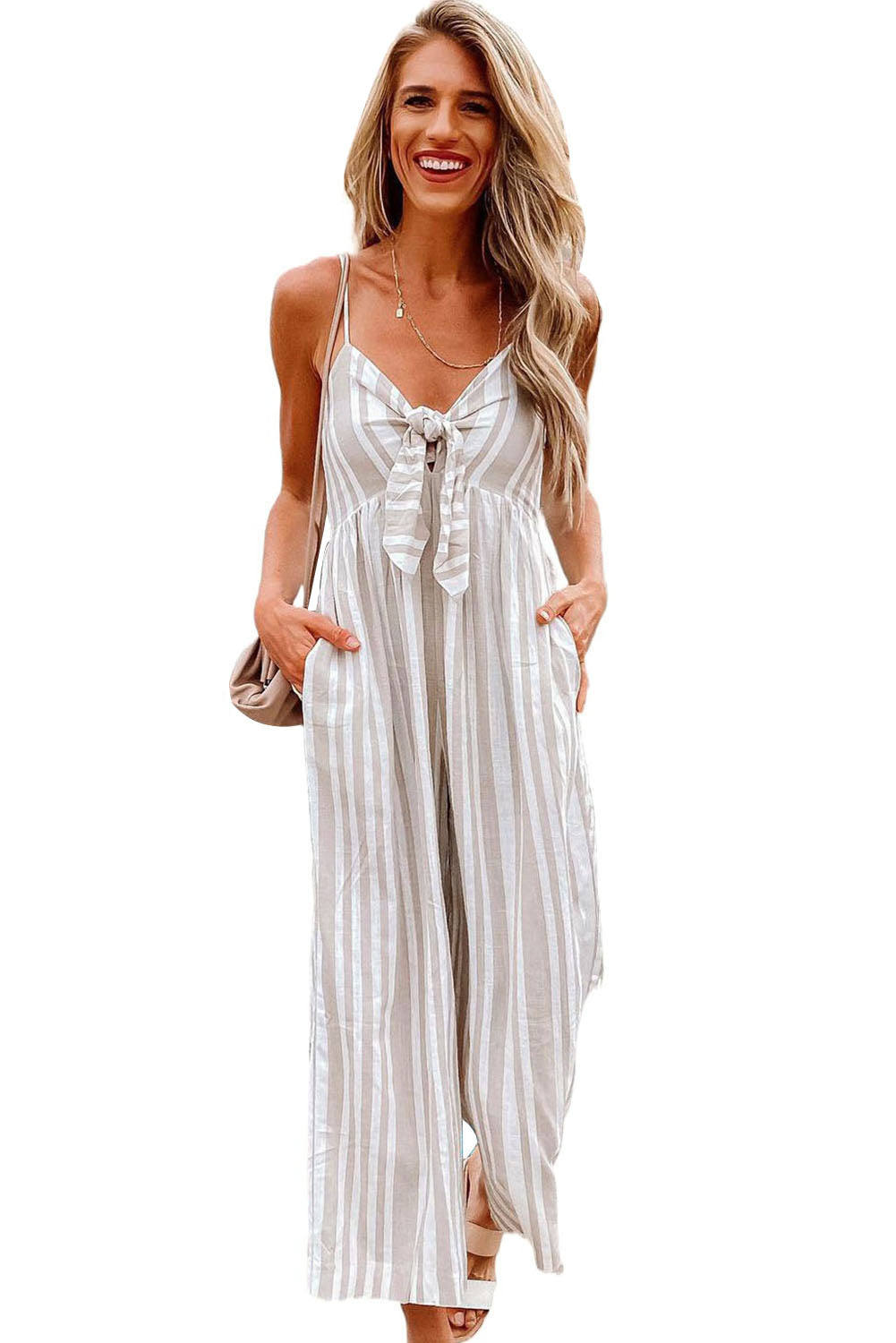 Striped Front Knotted Cropped Strap Wide Leg Jumpsuit