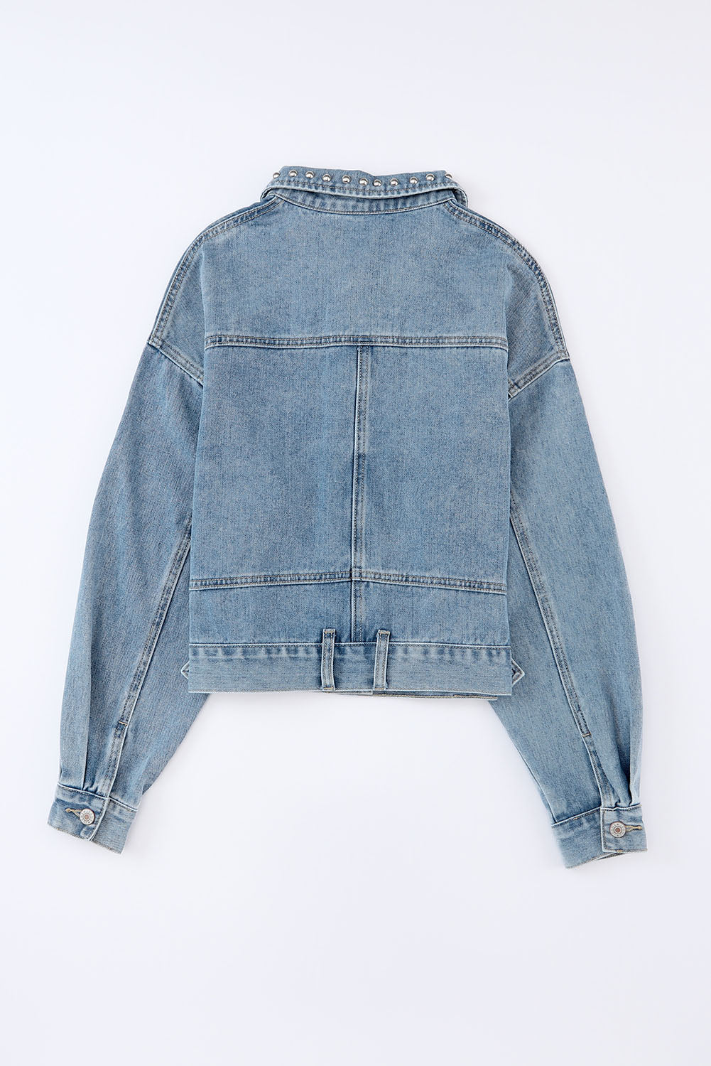 Blue Studded Button Up Light Wash Cropped Denim Jacket