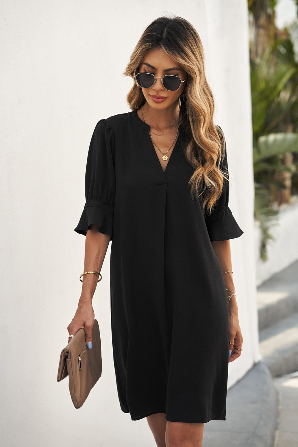 Navy Blue Split V Neck Short Sleeve Tunic Dress
