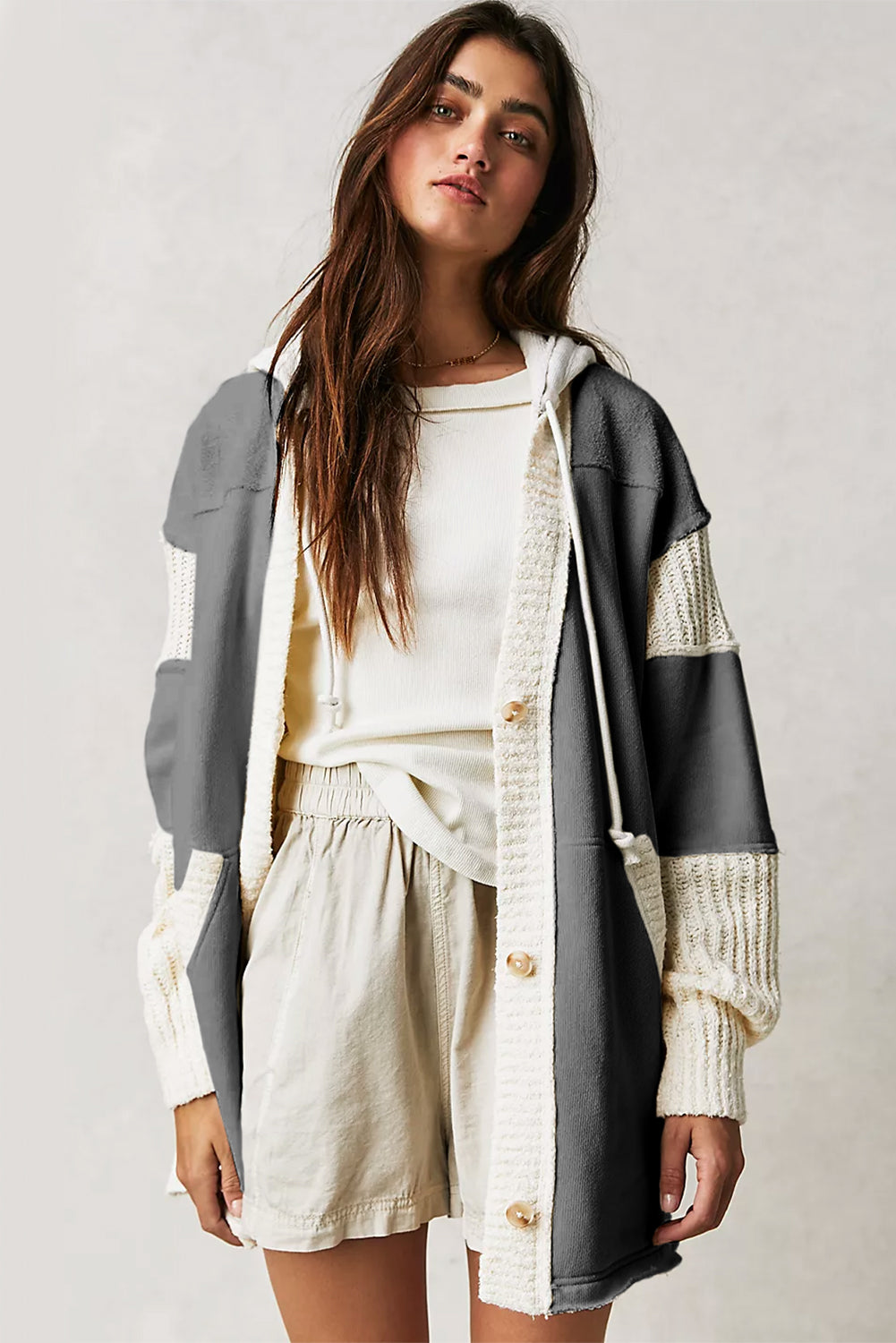 Beige Solid Color Button Down Long Hooded Cardigan