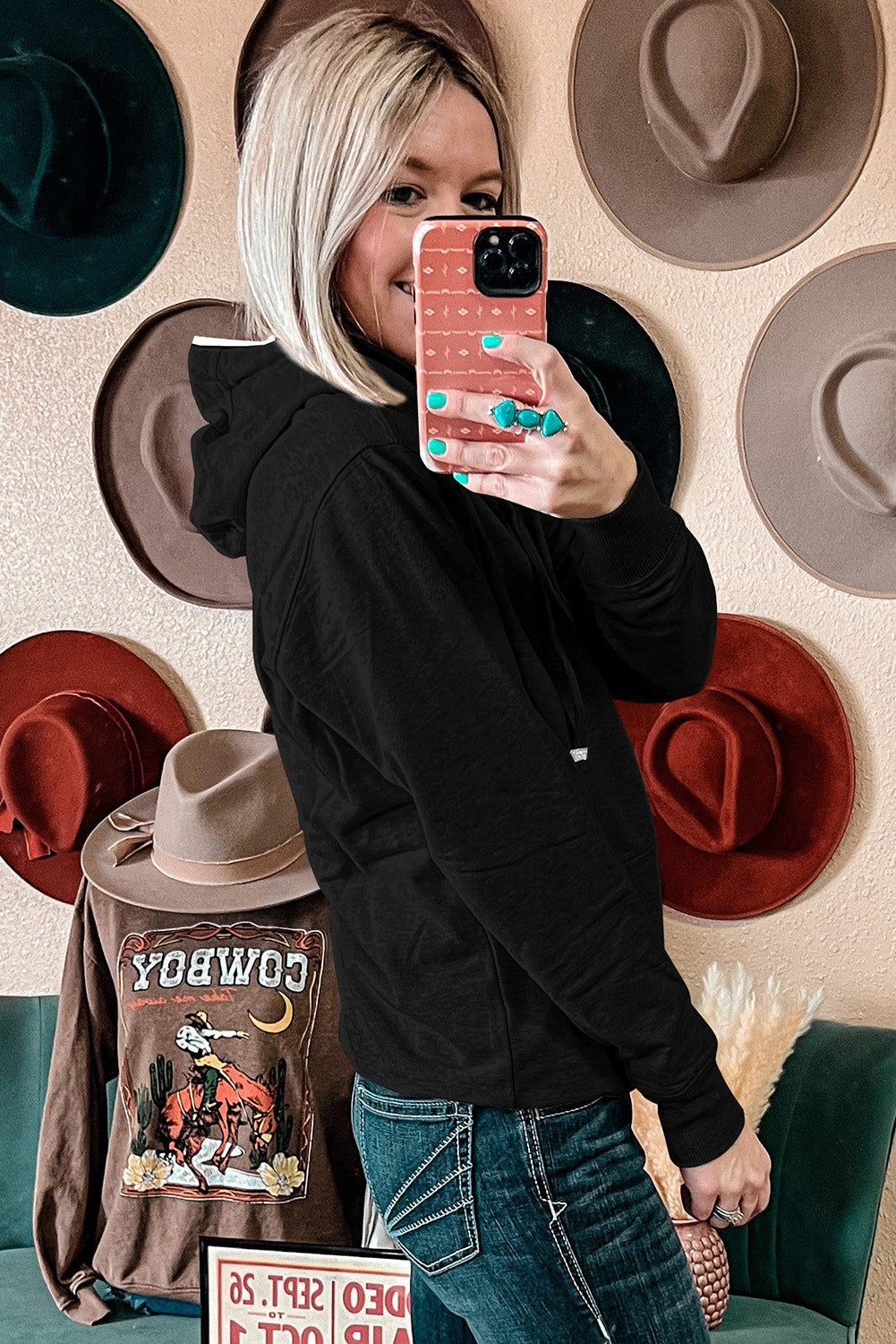 Beige Drawstring Kangaroo Pocket Henley Hoodie