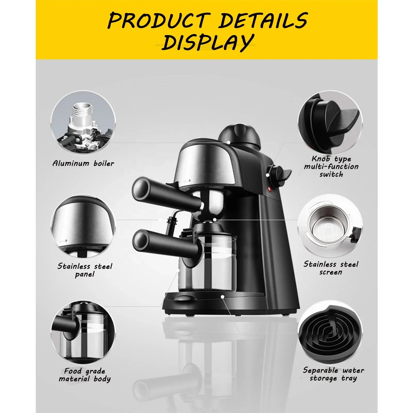 1-4 Cup Coffee Machine Steam Expresso Maker with Milk Frother