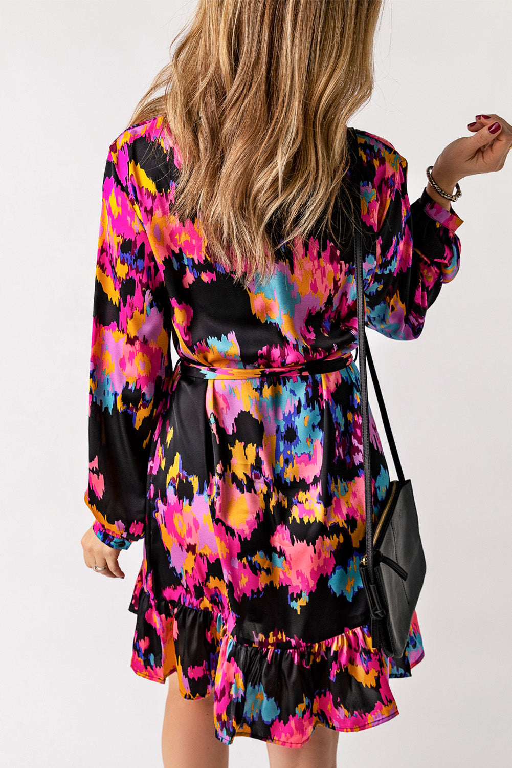 Abstract Print Waist Belted Flounce Hem Split V Neck Long Sleeve Dress